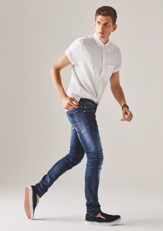 Men's White Short Sleeve Shirt, Blue Skinny Jeans, Black Slip-on Sneakers, Black Bracelet