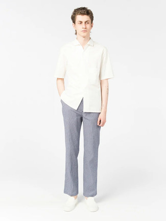 Men's White Short Sleeve Shirt, Light Blue Horizontal Striped Chinos, White Canvas Slip-on Sneakers