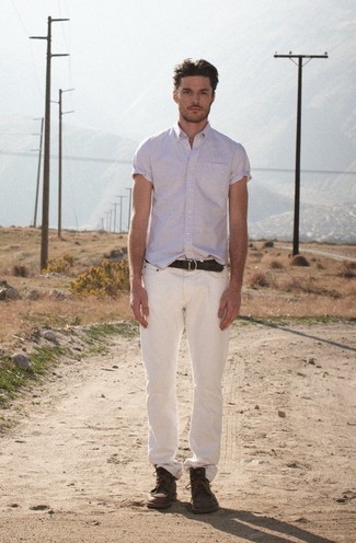 Men's White Vertical Striped Short Sleeve Shirt, White Jeans, Dark Brown Leather Casual Boots, Dark Brown Leather Belt
