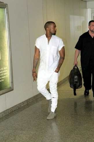 Kanye West wearing White Short Sleeve Shirt, White Ripped Skinny Jeans, Grey Suede Chelsea Boots
