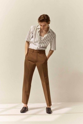 Men's White Vertical Striped Short Sleeve Shirt, White Tank, Brown Chinos, Dark Brown Leather Loafers