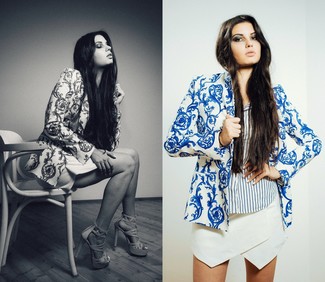 White and Blue Paisley Blazer Outfits For Women: 