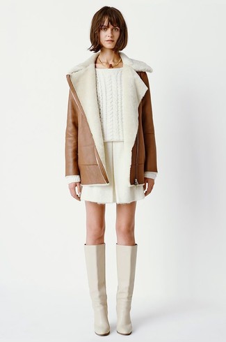 Women's Beige Leather Knee High Boots, White Shorts, White Cable Sweater, Brown Shearling Coat