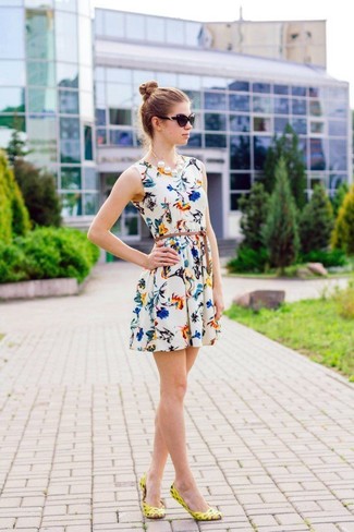 Women's White Floral Skater Dress, Yellow Leather Ballerina Shoes, Black Sunglasses, White Pearl Necklace