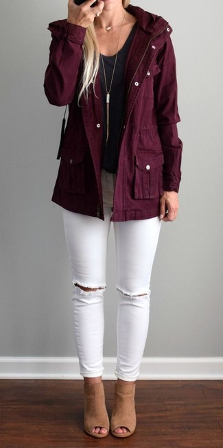 Women's Tan Suede Mules, White Ripped Skinny Jeans, Black V-neck T-shirt, Burgundy Cotton Parka