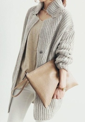Tan Knit Open Cardigan Outfits For Women: 