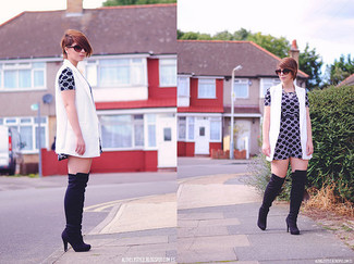 Women's White Sleeveless Blazer, Black and White Argyle Casual Dress, Black Suede Over The Knee Boots