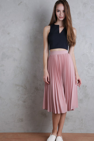 Women's White Slip-on Sneakers, Pink Pleated Midi Skirt, Black Cropped Top