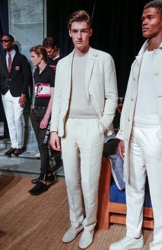 Men's White Suit, Beige Crew-neck Sweater, White Leather Loafers