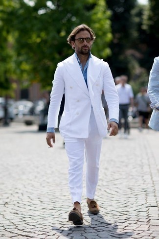 White Suit Outfits: A white suit and a light blue dress shirt are absolute must-haves if you're planning a classic wardrobe that matches up to the highest sartorial standards. Tone down your look by slipping into a pair of brown suede tassel loafers.