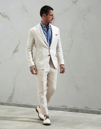 White Suit Outfits: You can be sure you'll look neat and dapper in a white suit and a light blue dress shirt. White canvas derby shoes will add a little edge to your getup.