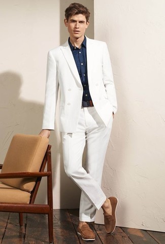 Navy Woven Leather Belt Outfits For Men: Want to infuse your menswear collection with some effortless cool? Wear a white suit and a navy woven leather belt. With footwear, go for something on the dressier end of the spectrum by sporting a pair of brown suede loafers.