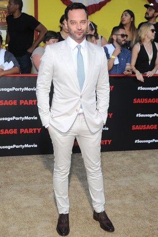 Nick Kroll wearing White Suit, White Dress Shirt, Burgundy Leather Oxford Shoes, Light Blue Tie