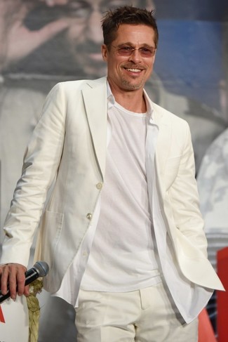 Brad Pitt wearing White Suit, White Dress Shirt, White Crew-neck T-shirt