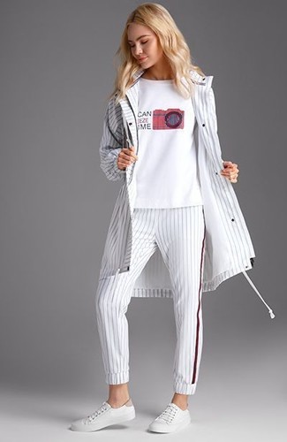 Women's White Leather Low Top Sneakers, White Vertical Striped Sweatpants, White Print Crew-neck T-shirt, White Vertical Striped Windbreaker
