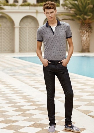 Charcoal Polo Outfits For Men: A charcoal polo and black jeans are a combination that every modern man should have in his casual collection. If you're puzzled as to how to round off, a pair of navy and white horizontal striped canvas espadrilles is a winning option.