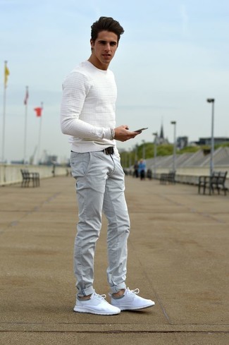 Men's White Textured Crew-neck Sweater, Grey Chinos, White Athletic Shoes