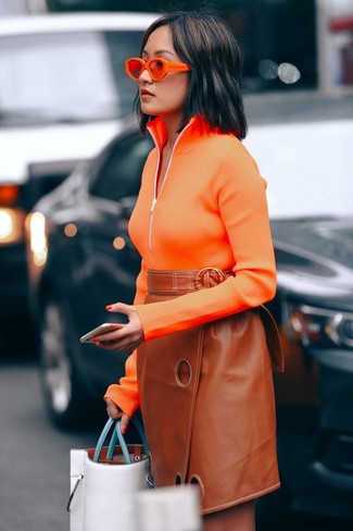 Women's Orange Sunglasses, White Leather Tote Bag, Tobacco Leather Pencil Skirt, Orange Zip Neck Sweater