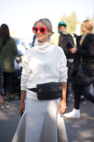 Women's White Turtleneck, Grey Wool Midi Skirt, Black Leather Fanny Pack, Red Sunglasses