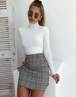 Women's White Turtleneck, Grey Plaid Mini Skirt, Black Sunglasses
