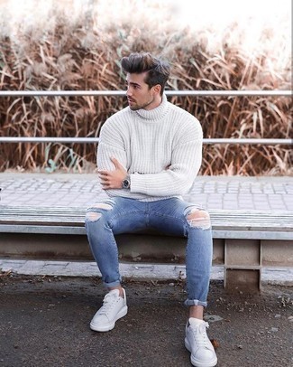 Men's White Knit Wool Turtleneck, Light Blue Ripped Jeans, White Leather Low Top Sneakers, Silver Watch
