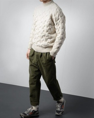 Men's White Knit Wool Turtleneck, Olive Chinos, Grey Athletic Shoes, White Socks