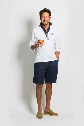 V-neck Sweater Outfits For Men: If you gravitate towards casual looks, why not marry a v-neck sweater with navy shorts? Complement this outfit with tan suede loafers for a touch of refinement.