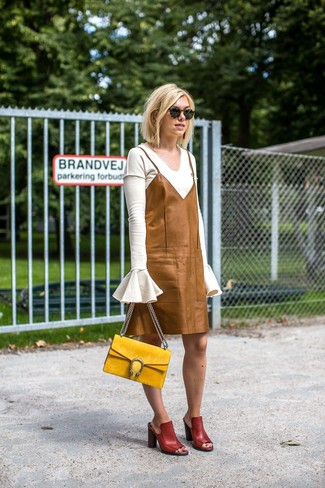Women's White V-neck Sweater, Tan Leather Cami Dress, Burgundy Leather Mules, Yellow Suede Satchel Bag