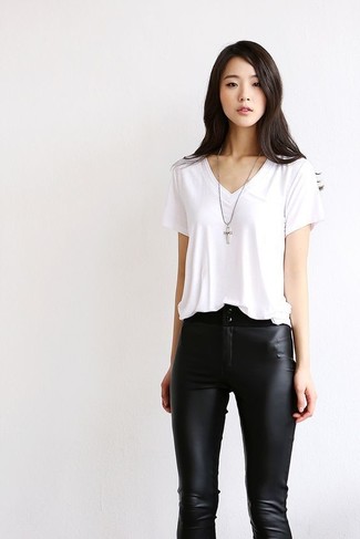 Women's White V-neck T-shirt, Black Leather Skinny Pants, Silver Pendant