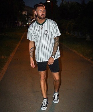 White Vertical Striped V-neck T-shirt Outfits For Men: For a casual look, opt for a white vertical striped v-neck t-shirt and black denim shorts — these two items play nicely together. Now all you need is a nice pair of black and white canvas high top sneakers.