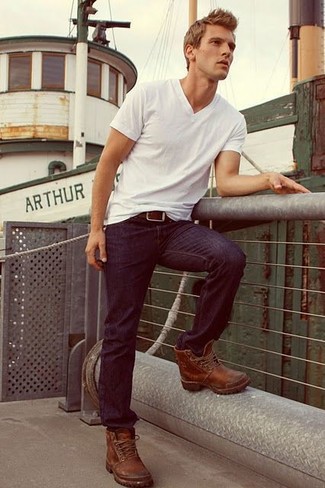 Men's White V-neck T-shirt, Navy Skinny Jeans, Dark Brown Leather Casual Boots, Dark Brown Leather Belt