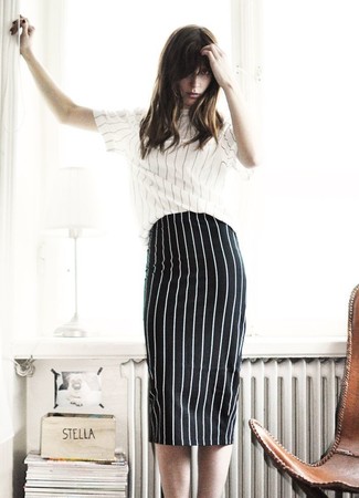black white striped skirt outfit