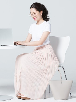 Pink Pleated Maxi Skirt Outfits: 
