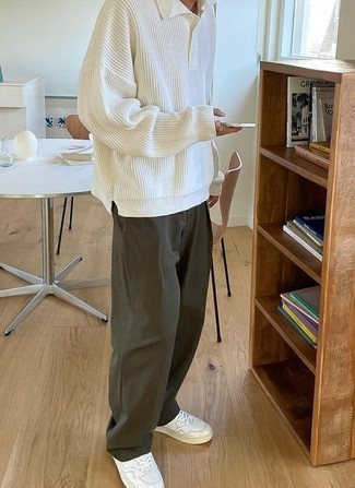 White Polo Neck Sweater Outfits For Men: For an effortlessly classic ensemble, consider pairing a white polo neck sweater with olive chinos — these items fit beautifully together. Play down the formality of this look by wearing a pair of white leather low top sneakers.