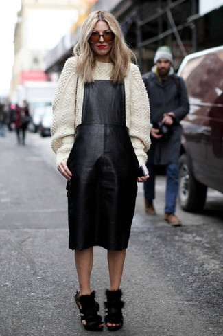 Women's White Knit Wool Turtleneck, Black Leather Overall Dress, Black Fur Heeled Sandals