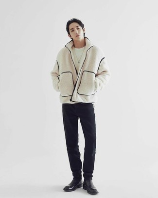 White Fleece Zip Sweater Outfits For Men: To don a laid-back look with a modernized spin, you can always rely on a white fleece zip sweater and black jeans. Balance out this outfit with a dressier kind of footwear, such as these black leather chelsea boots.