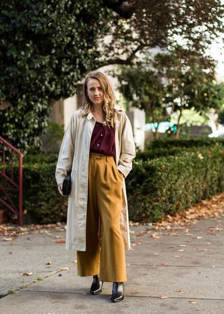 Women's Black Leather Ankle Boots, Mustard Wide Leg Pants, Burgundy Button Down Blouse, Beige Trenchcoat