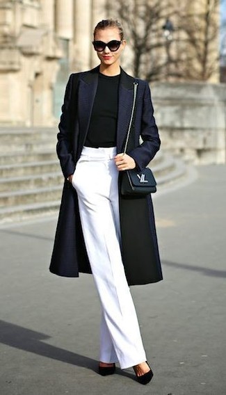 Black Crew-neck Sweater with Wide Leg Pants Outfits: 
