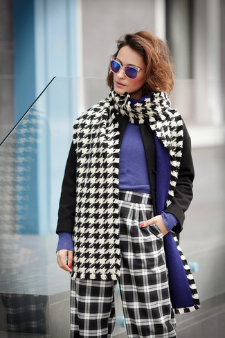 Women's White and Black Houndstooth Scarf, Black and White Check Wide Leg Pants, Violet Crew-neck Sweater, Black Coat