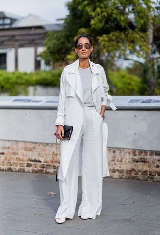 Women's White Leather Pumps, White Wide Leg Pants, Grey Crew-neck Sweater, Grey Trenchcoat