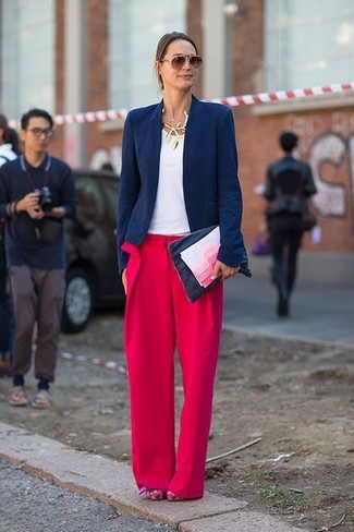 Women's Hot Pink Chunky Suede Heeled Sandals, Red Wide Leg Pants, White Crew-neck T-shirt, Navy Blazer