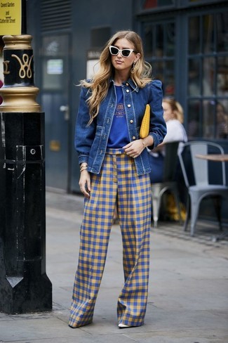 Blue Gingham Wide Leg Pants Outfits: 