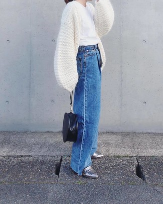 White Crew-neck T-shirt with Open Cardigan Outfits For Women: 