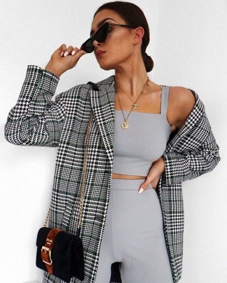 Women's Black Velvet Crossbody Bag, Grey Wide Leg Pants, Grey Cropped Top, Black and White Houndstooth Double Breasted Blazer