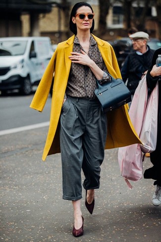 Women's Burgundy Leather Pumps, Grey Wide Leg Pants, Grey Print Dress Shirt, Mustard Coat