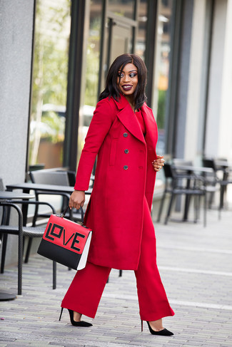 Women's Black Suede Pumps, Red Wide Leg Pants, Red Long Sleeve Blouse, Red Coat