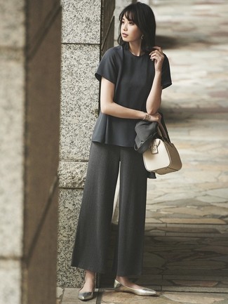 Charcoal Knit Wide Leg Pants Outfits: 