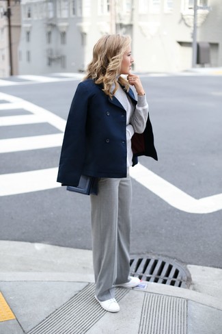 Navy Pea Coat Smart Casual Outfits For Women: 