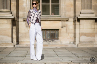 White Plaid Sleeveless Blazer Outfits: 