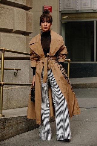 Women's Black Leather Ankle Boots, White and Black Vertical Striped Wide Leg Pants, Black Turtleneck, Tan Trenchcoat